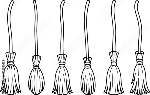 Hand-Drawn Witch Broom Set Line Art Vector – Magical Broomsticks Collection Illustration