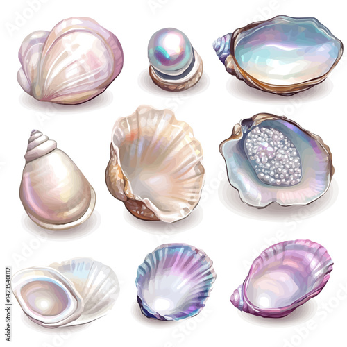 My Very Simple flat 2D icon of a Collection of pearl oyster elements isolated on a transparent background, vector, flat design, simple flat 2D icon, eps format