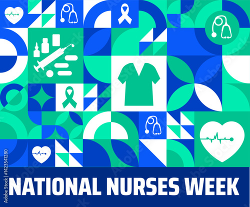 National Nurses Week Geometric shape pattern background banner or poster design template. observed every year in May. Holiday concept. Use to any Template, card, poster, placard, template.