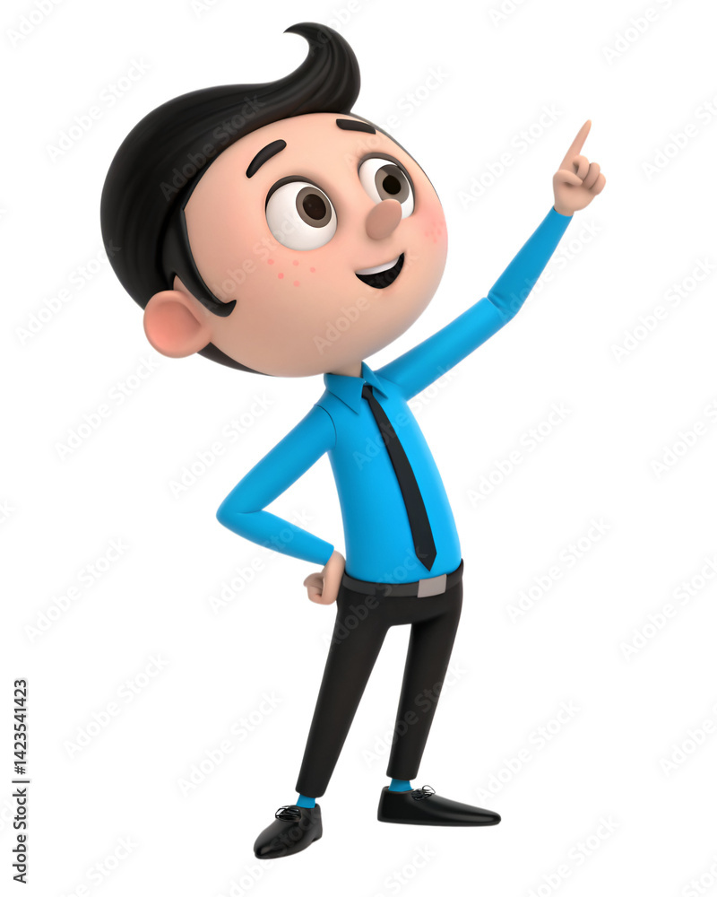 3D cartoon businessman pointing upwards with confident smile 3D cartoon businessman pointing upwards with confident smile