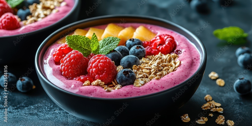 Bowl of smoothie topped with fresh berries and granola presented on a black countertop with subtle lighting Bowl of smoothie topped with fresh berries and granola presented on a black countertop with subtle lighting