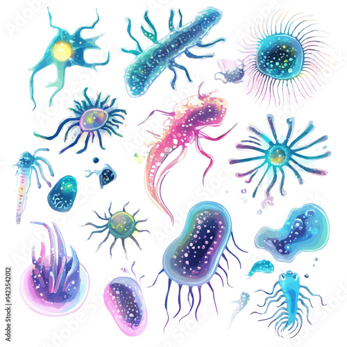 A Very Simple flat 2D icon of a Collection of plankton elements isolated on a transparent background, vector, flat design, simple flat 2D icon, eps format