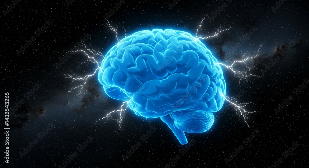 Illuminated Brain with Lightning Bolts Against a Starry Cosmic B Illuminated Brain with Lightning Bolts Against a Starry Cosmic B