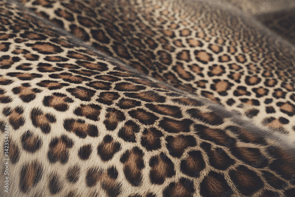 Close-up of brown and beige leopard fur texture, showing a soft, wavy pattern, representing wild animal print, suitable for fashion or design background Close-up of brown and beige leopard fur texture, showing a soft, wavy pattern, representing wild animal print, suitable for fashion or design background