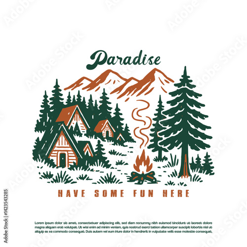 Retro hand drawn cottage camping in the wild forest isolated on white background