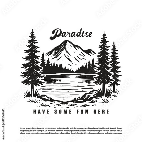 Vintage retro forest mountain view with beautiful lake vector