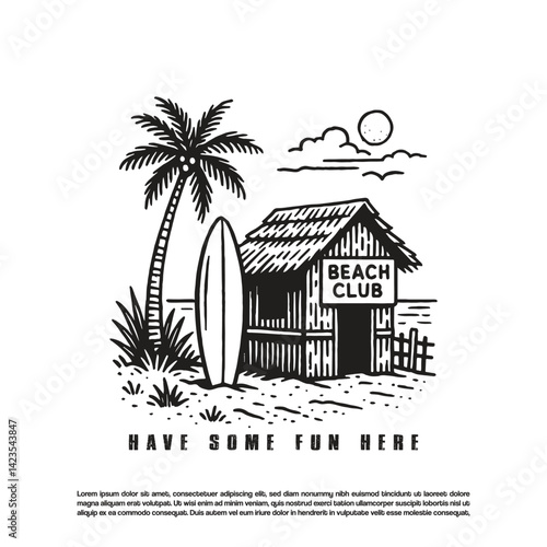 Retro surfing beach club badge vector isolated on white background