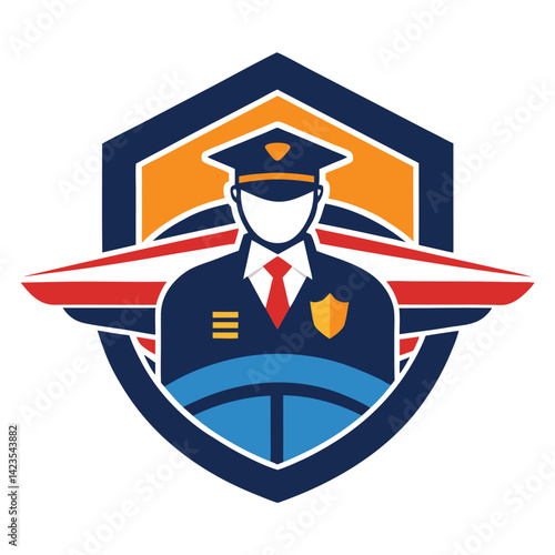 Educational vector logo for flight school showcasing a pilot with wings and shield design emphasizing professionalism and aviation expertise