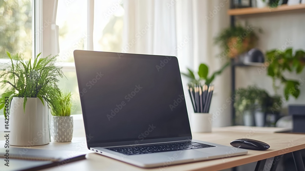 Laptop on Desk in Bright Home Office with Plants and Mouse Laptop on Desk in Bright Home Office with Plants and Mouse