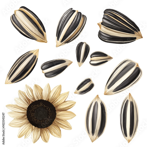 My Very Simple flat 2D icon of a Collection of sunflower seed flower elements isolated on a transparent background, vector, flat design, simple flat 2D icon, eps format