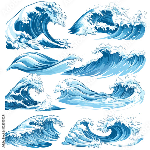 My Very Simple flat 2D icon of a Collection of tidal wave elements isolated on a transparent background, vector, flat design, simple flat 2D icon, eps format