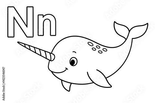 Alphabet Letter N (Narwhal) Coloring Page - Educational Animal Printable for Kids