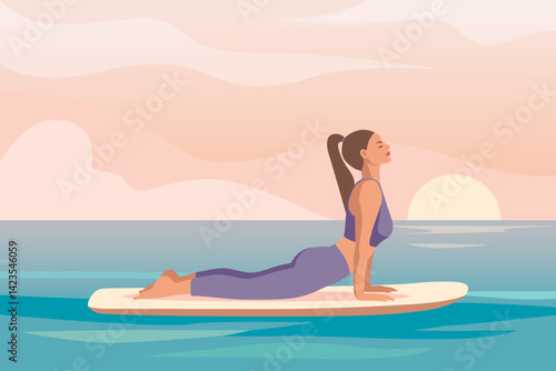 A woman practices yoga on a paddleboard during sunset in a serene ocean setting. Yoga on SUP board vector illustration