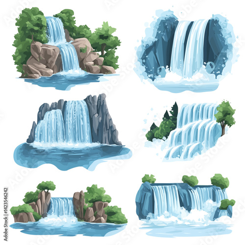A Very Simple flat 2D icon of a Collection of waterfall isolated on a transparent background, vector, flat design, animation design, vector, simple flat 2D icon, minimalist, eps