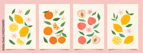 Collection of abstract fruit poster. Contemporary art print with hand drawn lemon, peach, orange and flowers. Trendy design for wall decor, postcard, cover, packaging, t shirt.
