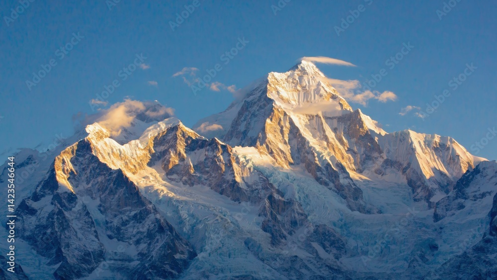 Peak of a mountain range. Aerial view from the sky. Mountains covered with snow and ice.
