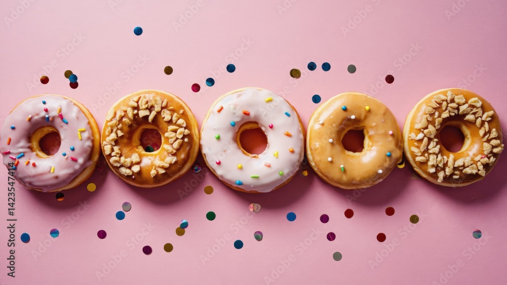 Six cinnamon glazed donuts with pink icing and sprinkles arranged in a row on a pink background. Party favor or dessert for celebrations.