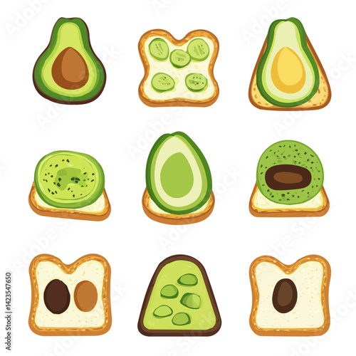  A Very Simple flat 2D icon of a Collection of avocado toast set illustration isolated on a transparent background, vector, flat design, animation design, vector, simple flat 2D icon, eps