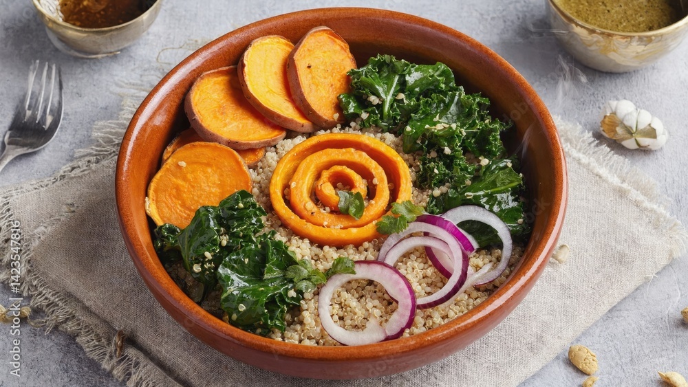 A vibrant and healthy vegetable salad in a clay bowl, containing quinoa, spinach, carrots, and cabbage. High in nutrients and perfect for meal preparation or lunch.