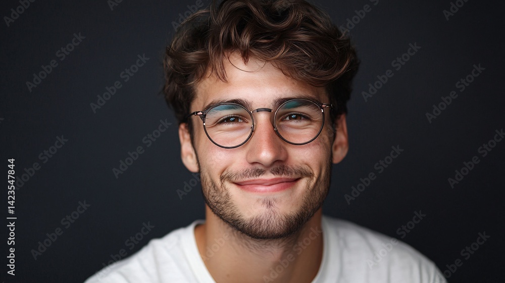 Obraz premium Handsome young man with glasses smiling on dark background