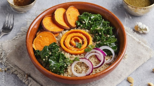 A vibrant and healthy vegetable salad in a clay bowl, containing quinoa, spinach, carrots, and cabbage. High in nutrients and perfect for meal preparation or lunch.