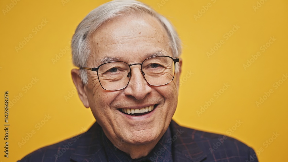 Man smiling in casual clothing against a yellow background.
