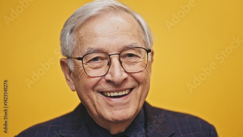 Obraz na płótnie Man smiling in casual clothing against a yellow background. w salonie