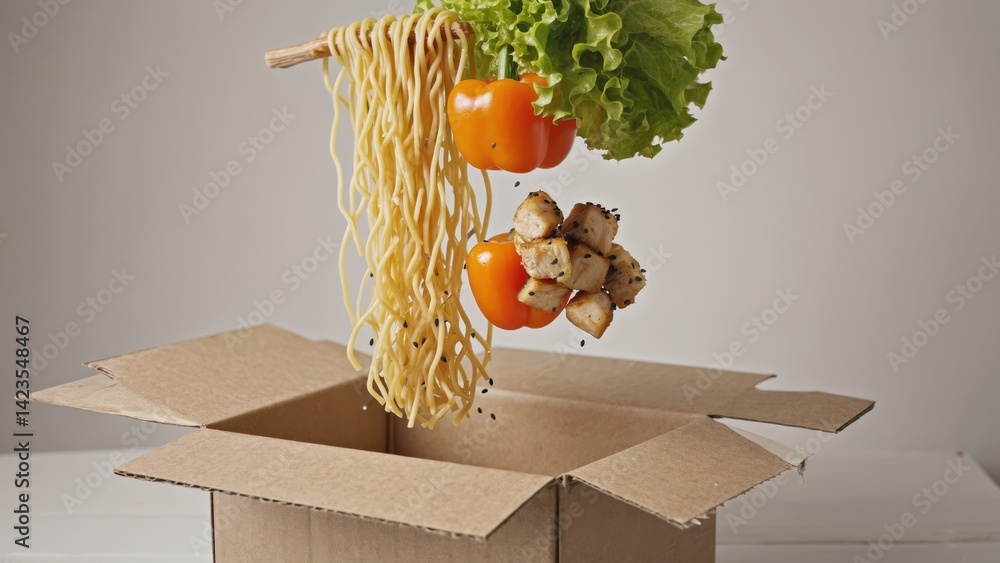 Noodle salad inside packaging box, with ingredients visible on top