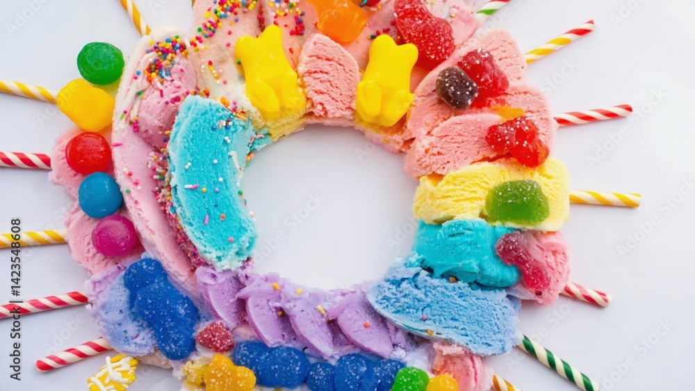 Brightly colored donut shaped cake with gummy bears on top. Perfect for birthdays and celebrations.
