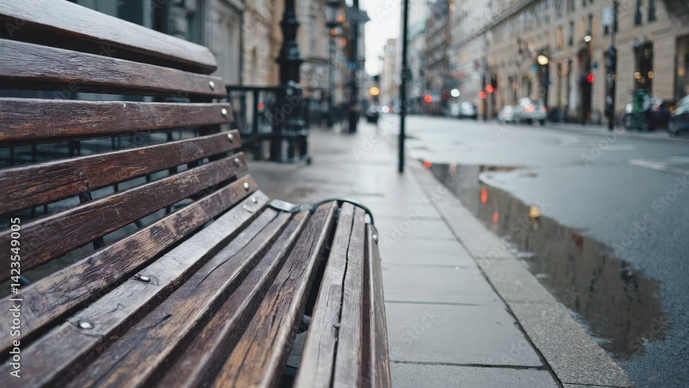 A bench on the street next to a pole, wet from rain on a rainy day.