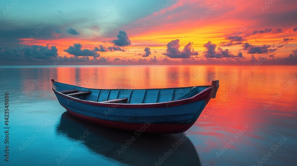 Naklejka premium Serene sunset boat, ocean, calm, vibrant sky, peace