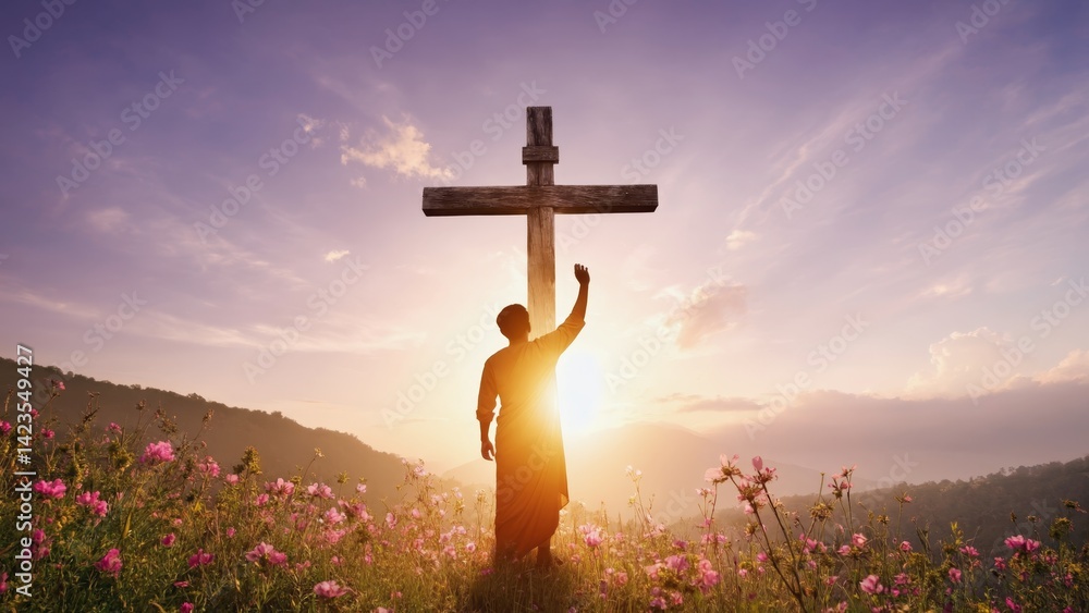A person silhouetted in front of a cross during sunset, set against a vibrant sky and flowering plants.