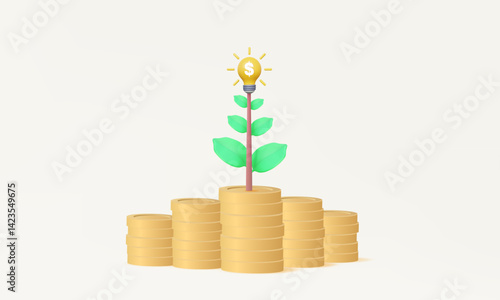 Tree light bulb idea passive income stacks coins money budget fund profit interest for invest financial successful growth business development management concept. 3d vector illustration