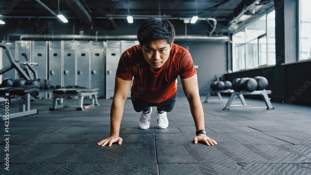 A fit man practicing weightlifting with hands on a gym floor.