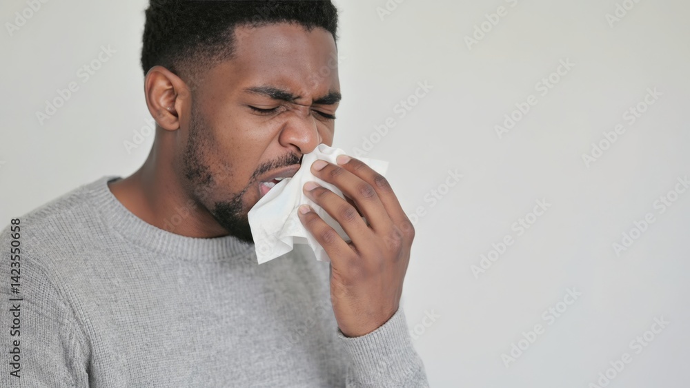 A man experiencing cold virus symptoms, such as a sore throat and nosebleed. He is using a handkerchief to relieve his discomfort.