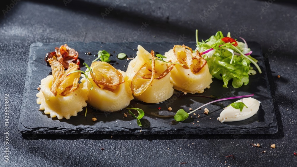 Delicious gourmet vegetarian pasta dish featuring fresh cheese and a variety of toppings, served on a black slate. A vibrant and tasty meal choice for health-conscious diners.