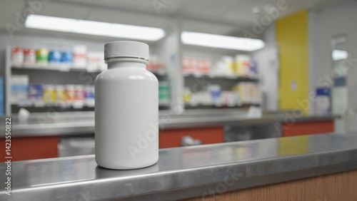 A bottle of medicine on a countertop at a pharmacy