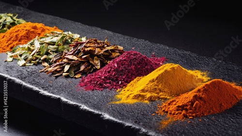 Obraz na płótnie Vibrant colors of various spices and herbs on a table. w salonie