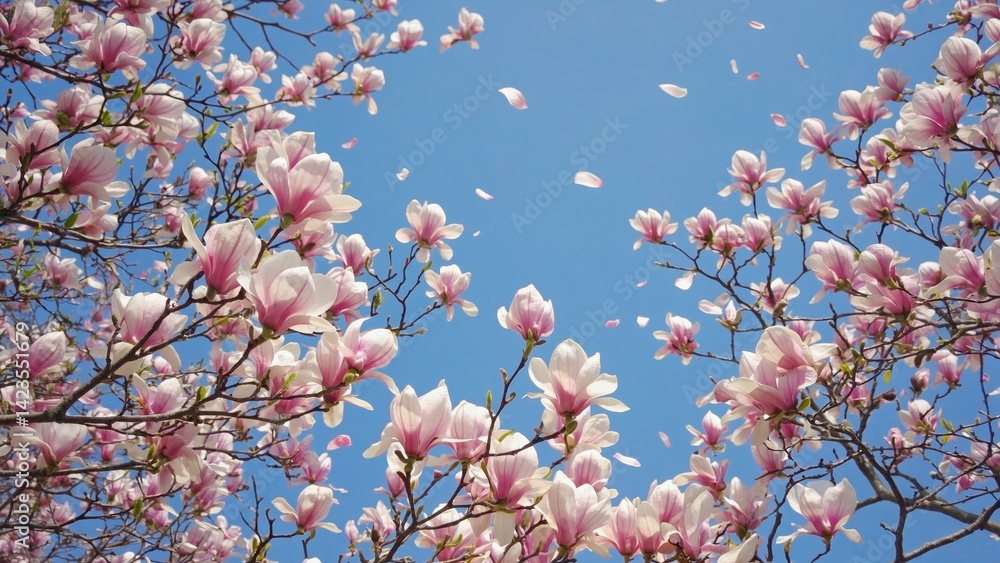 Peak of cherry blossom season. Bright and beautiful pink flowers against blue sky. Symbol of spring renewal.