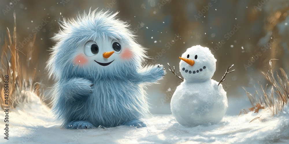 A friendly yeti building a snowman with frosted fur and a joyful expression generated by AI. A friendly yeti building a snowman with frosted fur and a joyful expression generated by AI.