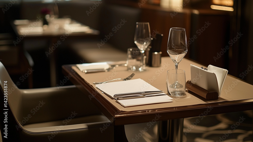 Elegant restaurant table setting prepared for guests in a quiet fine dining establishment Elegant restaurant table setting prepared for guests in a quiet fine dining establishment