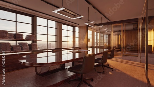 A well-lit modern office with sleek furniture, reflective windows and a spacious layout.