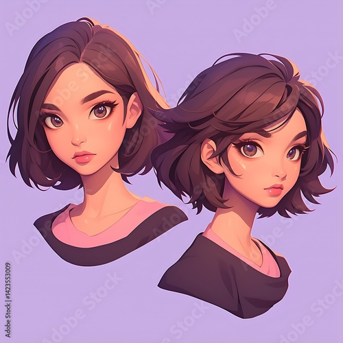 Portrait Of Two Young Women With Brown Hair And Pink Accents On A Purple Background