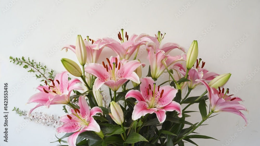 Bouquet of pink lilies in a vase, sitting on a white surface.