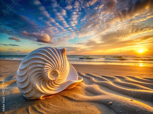 Panoramic Sunset Beach Scene: White Marble Seashell Sculpture