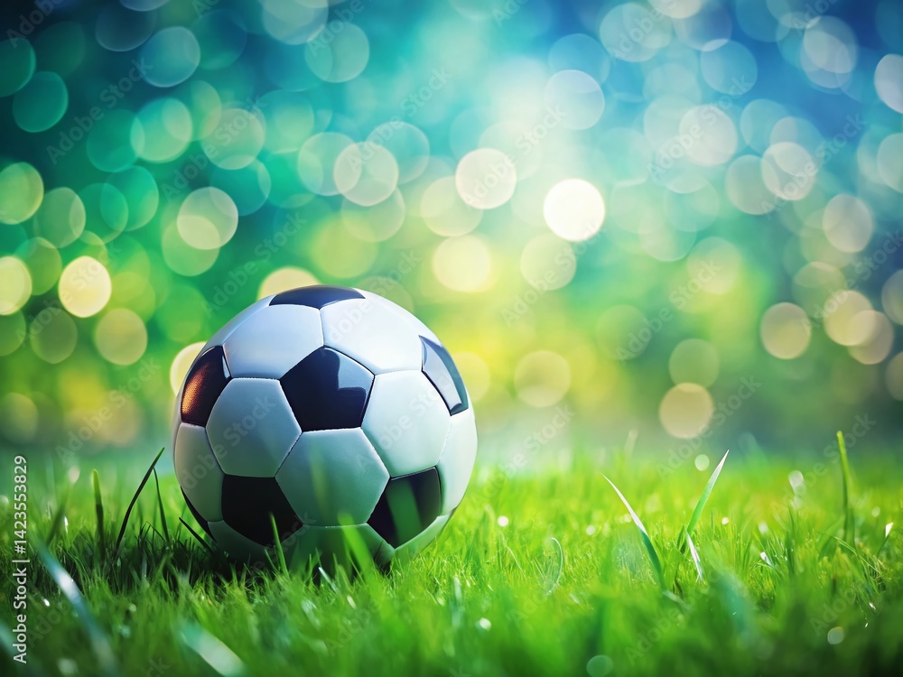 Fototapeta premium Panoramic Soccer Ball on Lush Green Grass with Bokeh Background - Copy Space for Text
