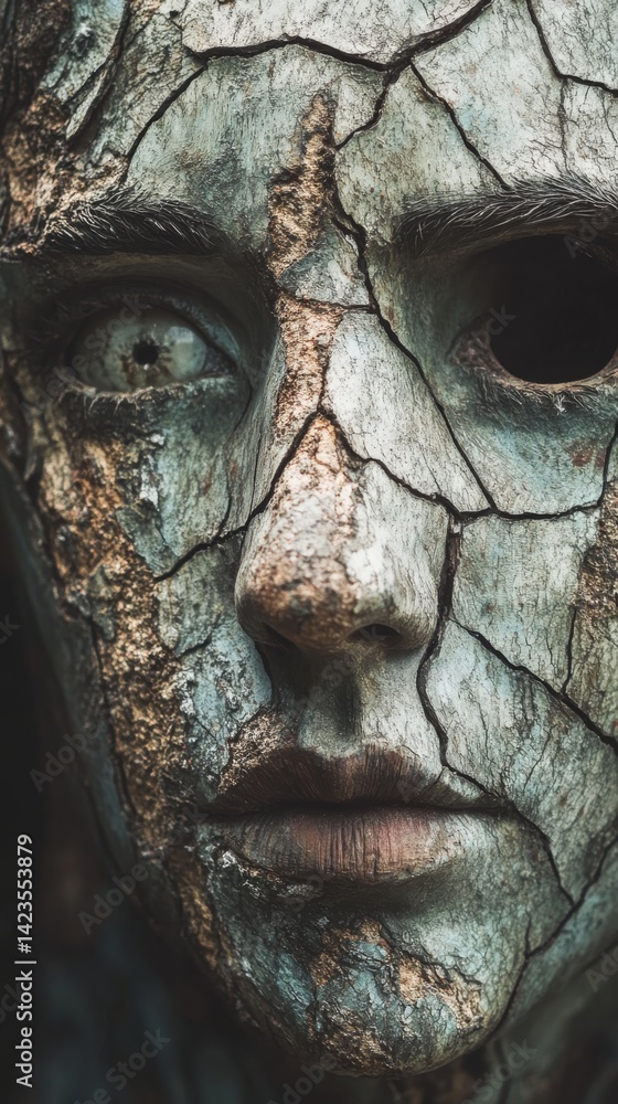 A weathered statue with cracked skin, set in a lush garden, evoking a sense of mystery and decay A weathered statue with cracked skin, set in a lush garden, evoking a sense of mystery and decay