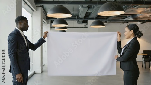 Professional business men and woman in a conference room holding a large paper board.