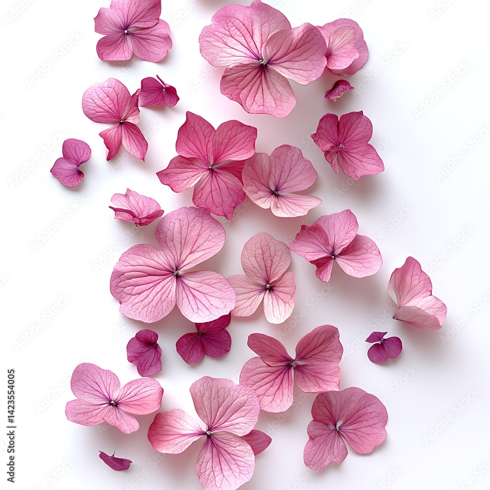 Pink flowers falling, isolated on a white background, Pink flowers falling, isolated on a white background,