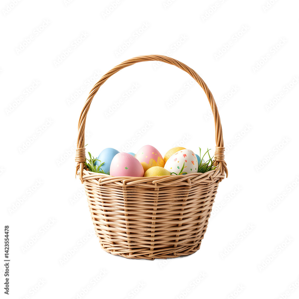 Naklejka premium Gathering Decorated Easter Eggs in Woven Basket for Holiday Celebration